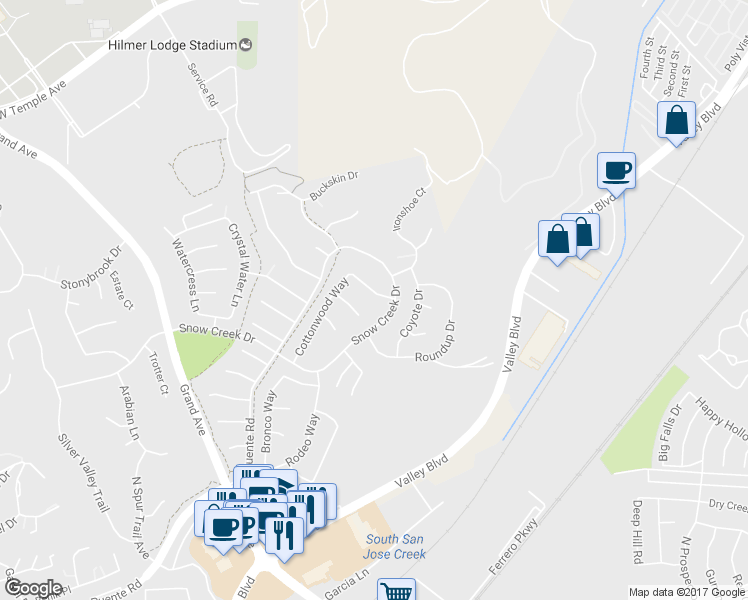 map of restaurants, bars, coffee shops, grocery stores, and more near 21842 Pinto Way in Walnut
