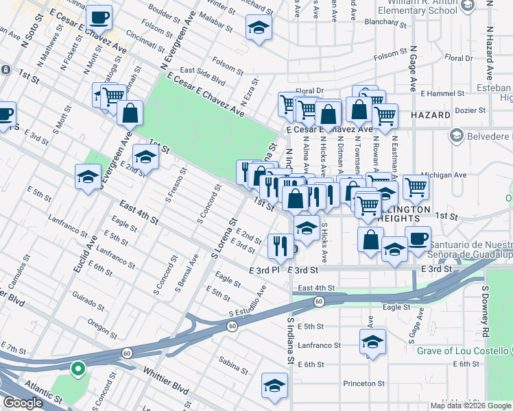 map of restaurants, bars, coffee shops, grocery stores, and more near 3416 1st Street in Los Angeles