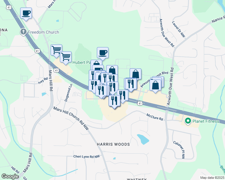 map of restaurants, bars, coffee shops, grocery stores, and more near 3360 Cobb Pkwy in Acworth