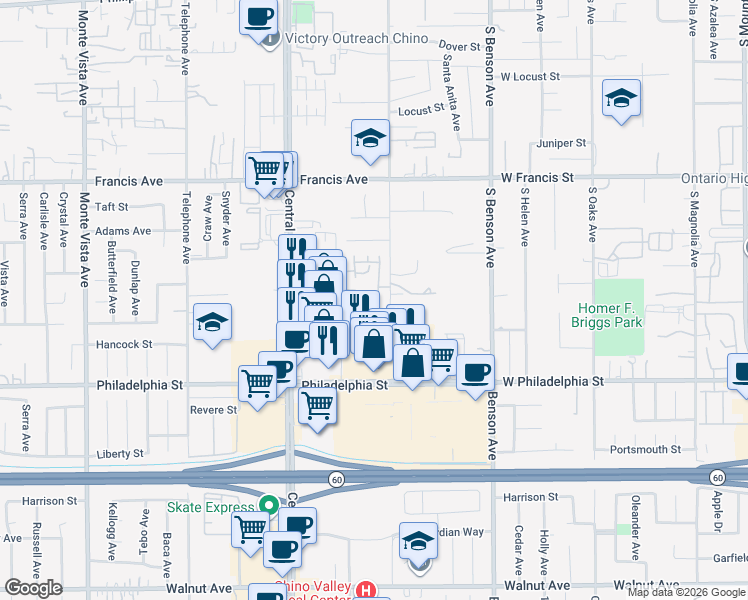 map of restaurants, bars, coffee shops, grocery stores, and more near 11935 Ottawa Place in Chino