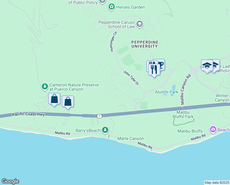 map of restaurants, bars, coffee shops, grocery stores, and more near 24657 Blue Dane Lane in Malibu