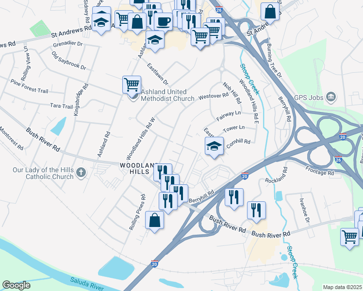 map of restaurants, bars, coffee shops, grocery stores, and more near 803 Pine Springs Road in Columbia