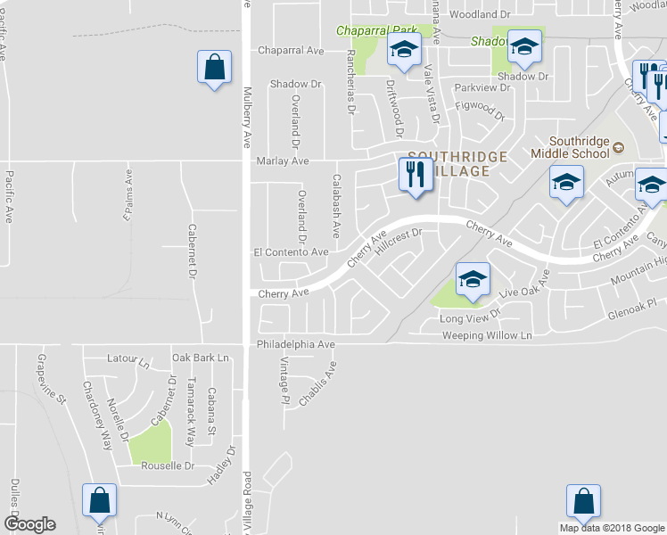 map of restaurants, bars, coffee shops, grocery stores, and more near 11933 Saguaro Way in Fontana