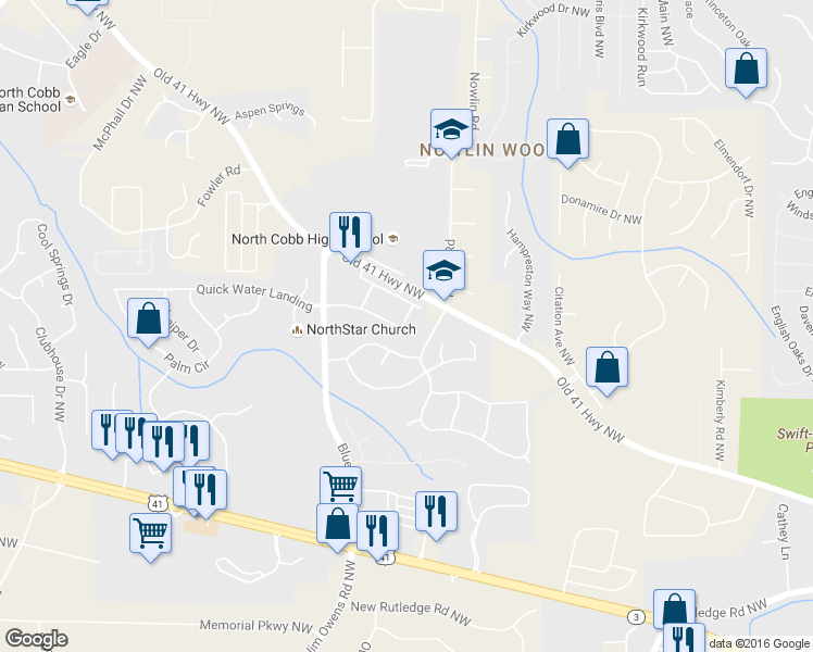 map of restaurants, bars, coffee shops, grocery stores, and more near 3402 Stream Way in Kennesaw