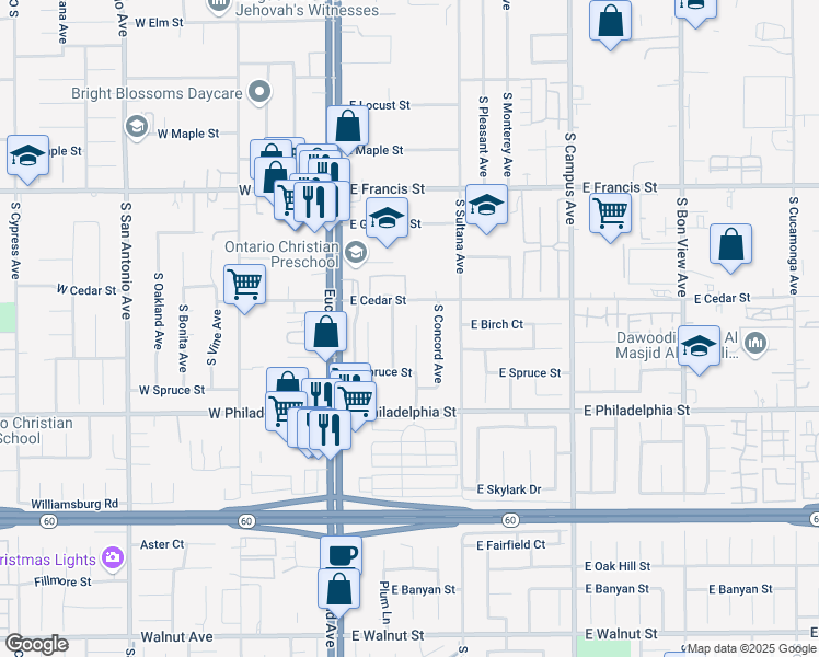 map of restaurants, bars, coffee shops, grocery stores, and more near 2034 South Cherry Avenue in Ontario