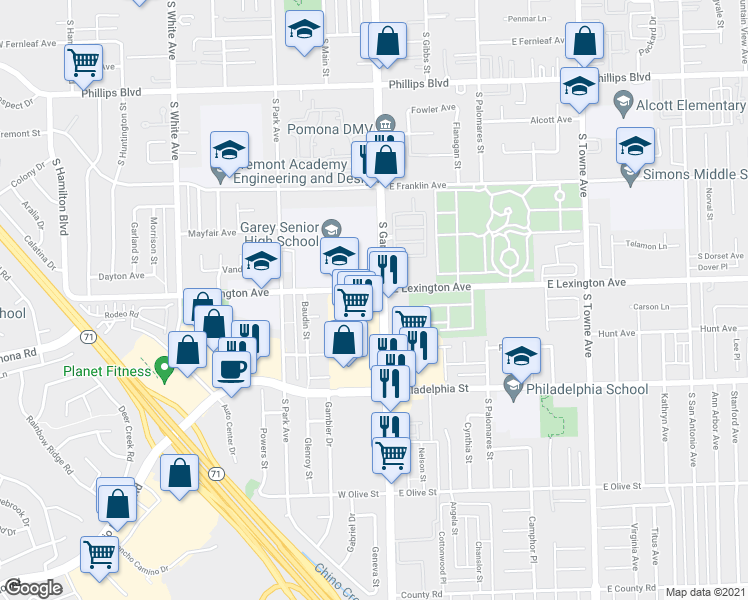 map of restaurants, bars, coffee shops, grocery stores, and more near 1905 South Garey Avenue in Pomona