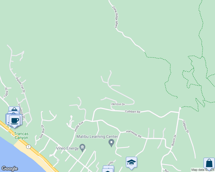 map of restaurants, bars, coffee shops, grocery stores, and more near 5269 Horizon Drive in Malibu