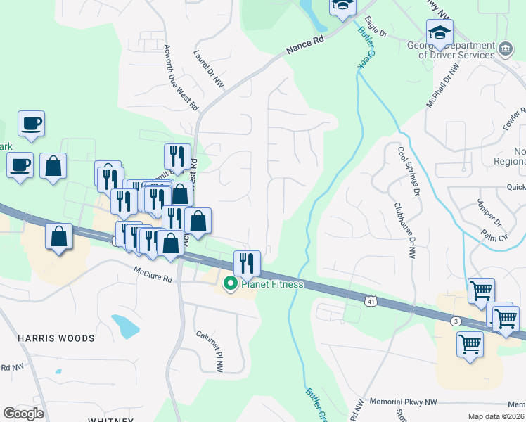 map of restaurants, bars, coffee shops, grocery stores, and more near 218 Creel Chase Northwest in Kennesaw