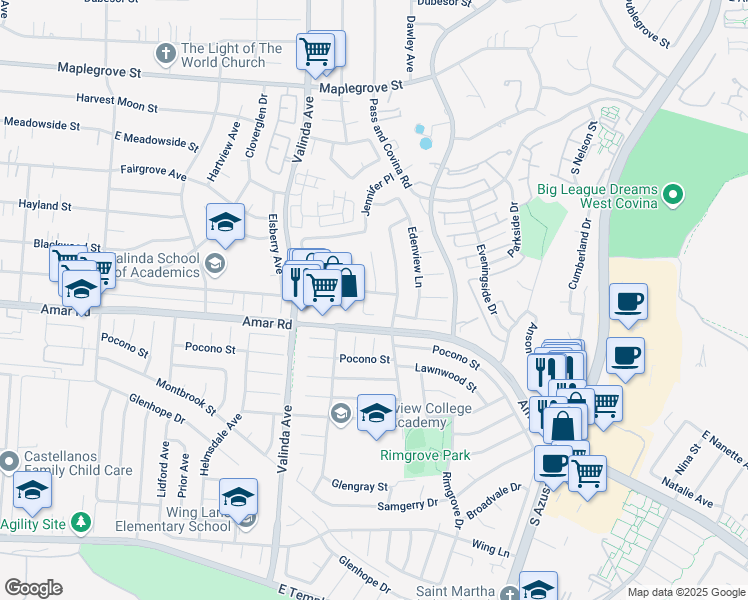 map of restaurants, bars, coffee shops, grocery stores, and more near 1118 Dore Street East in West Covina