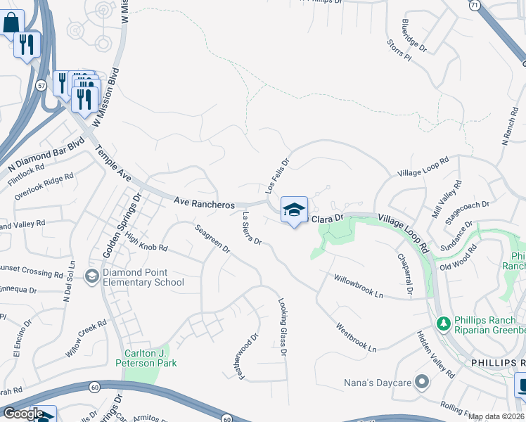 map of restaurants, bars, coffee shops, grocery stores, and more near 19 Trabuco Place in Pomona