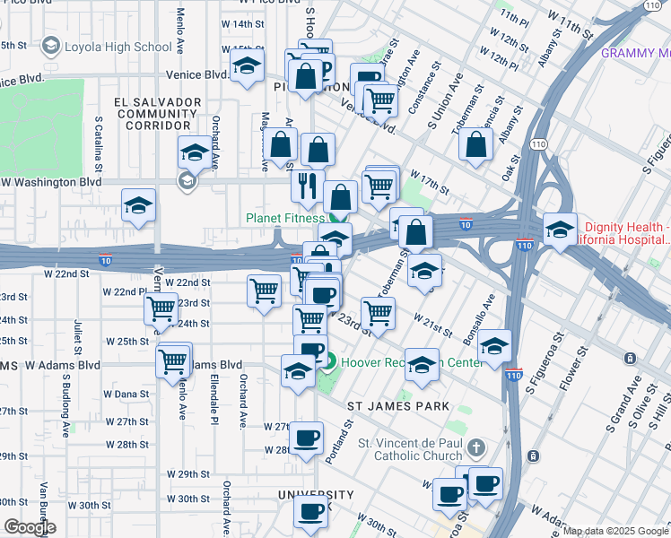 map of restaurants, bars, coffee shops, grocery stores, and more near 2023 South Union Avenue in Los Angeles