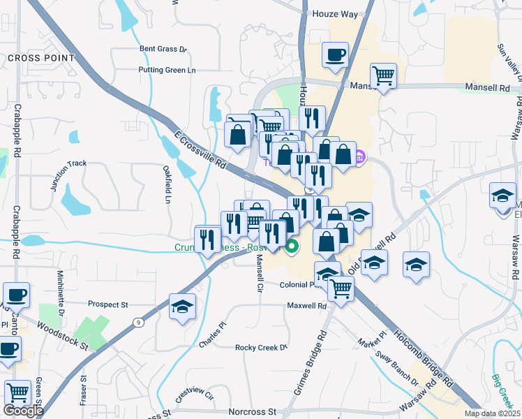 map of restaurants, bars, coffee shops, grocery stores, and more near 10520 North Clara Drive in Roswell