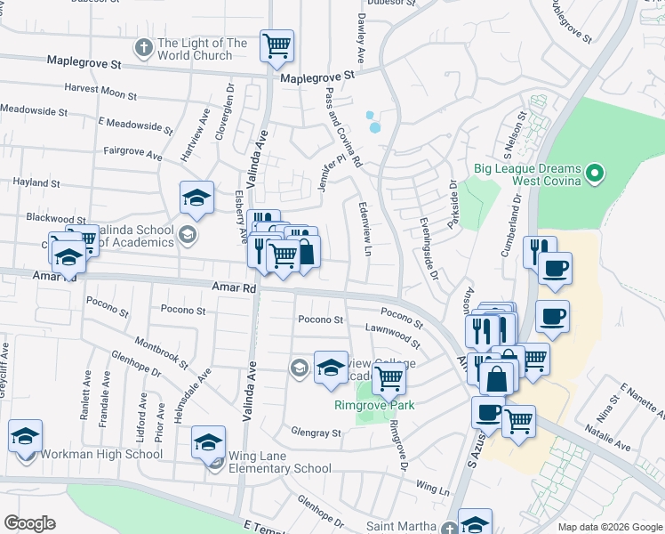 map of restaurants, bars, coffee shops, grocery stores, and more near 1122 Dore Street East in West Covina