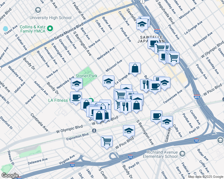 map of restaurants, bars, coffee shops, grocery stores, and more near 2001 South Barrington Avenue in Los Angeles