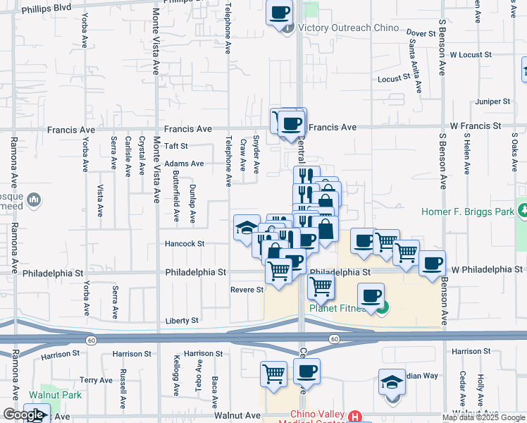 map of restaurants, bars, coffee shops, grocery stores, and more near 5199 Chesapeake Court in Chino
