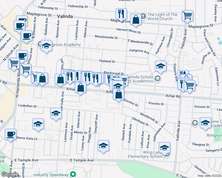 map of restaurants, bars, coffee shops, grocery stores, and more near 15947 Amar Road in La Puente