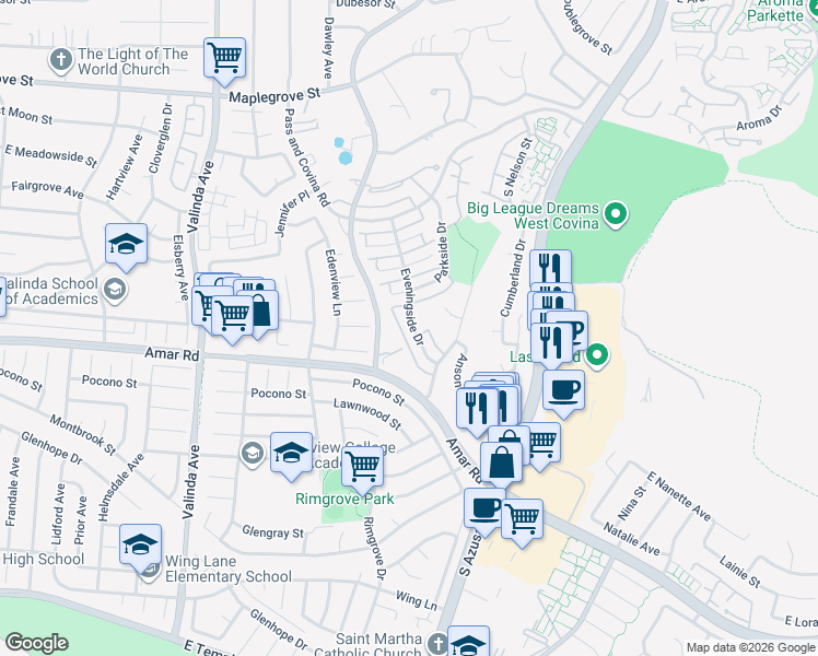 map of restaurants, bars, coffee shops, grocery stores, and more near 2107 Eveningside Drive in West Covina