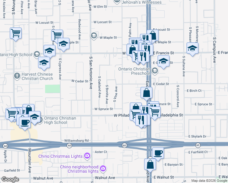 map of restaurants, bars, coffee shops, grocery stores, and more near 2032 South Vine Avenue in Ontario