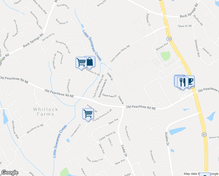 map of restaurants, bars, coffee shops, grocery stores, and more near 2457 Mildon Hall Lane in Lawrenceville