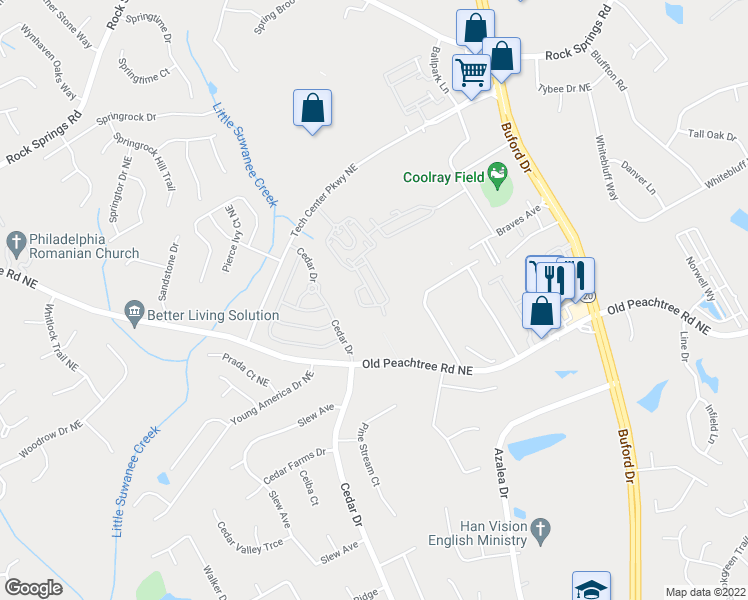 map of restaurants, bars, coffee shops, grocery stores, and more near 803 Overlook Park Lane in Lawrenceville