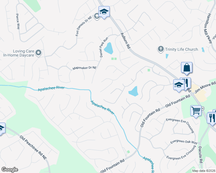 map of restaurants, bars, coffee shops, grocery stores, and more near Back Creek Chase in Dacula