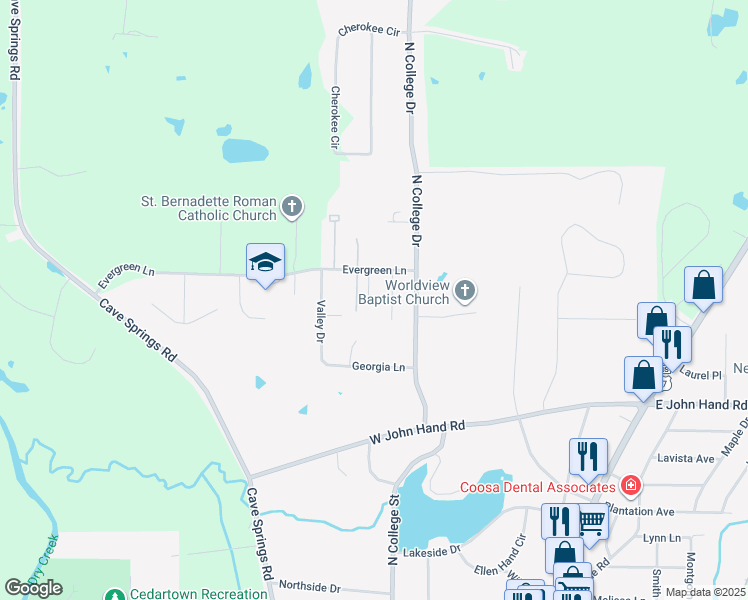 map of restaurants, bars, coffee shops, grocery stores, and more near 59 Evergreen Lane in Cedartown