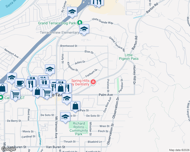map of restaurants, bars, coffee shops, grocery stores, and more near 22844 Miriam Way in Grand Terrace