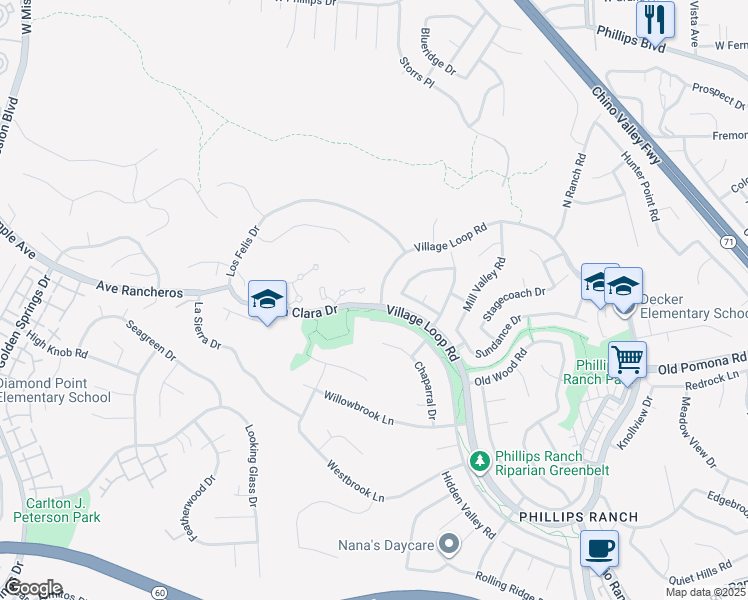 map of restaurants, bars, coffee shops, grocery stores, and more near 99 Village Loop Road in Pomona
