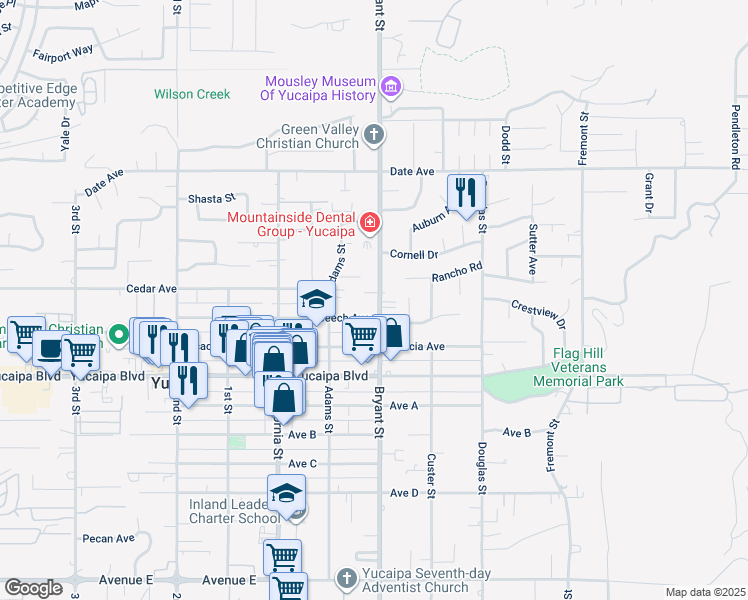 map of restaurants, bars, coffee shops, grocery stores, and more near 11952 Bryant Street in Yucaipa