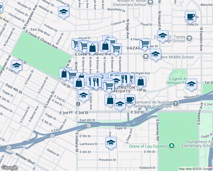 map of restaurants, bars, coffee shops, grocery stores, and more near 118 3/4 North Townsend Avenue in Los Angeles