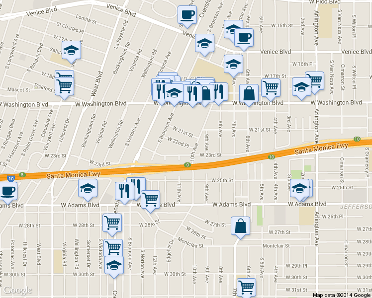 map of restaurants, bars, coffee shops, grocery stores, and more near 4016 West 22nd Place in Los Angeles