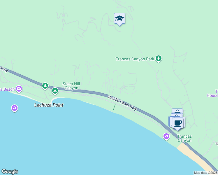 map of restaurants, bars, coffee shops, grocery stores, and more near 31236 Bailard Road in Malibu