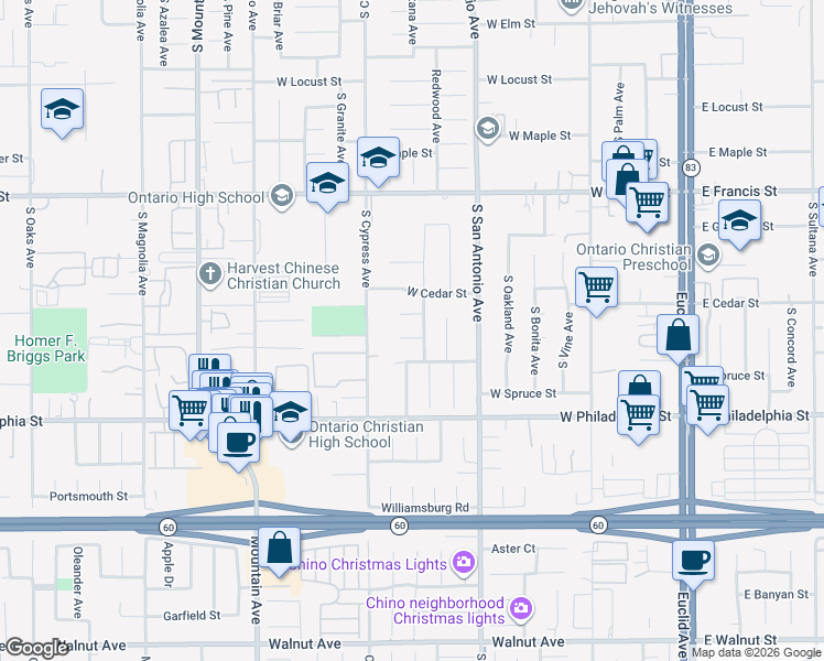 map of restaurants, bars, coffee shops, grocery stores, and more near 708 West Laroda Court in Ontario