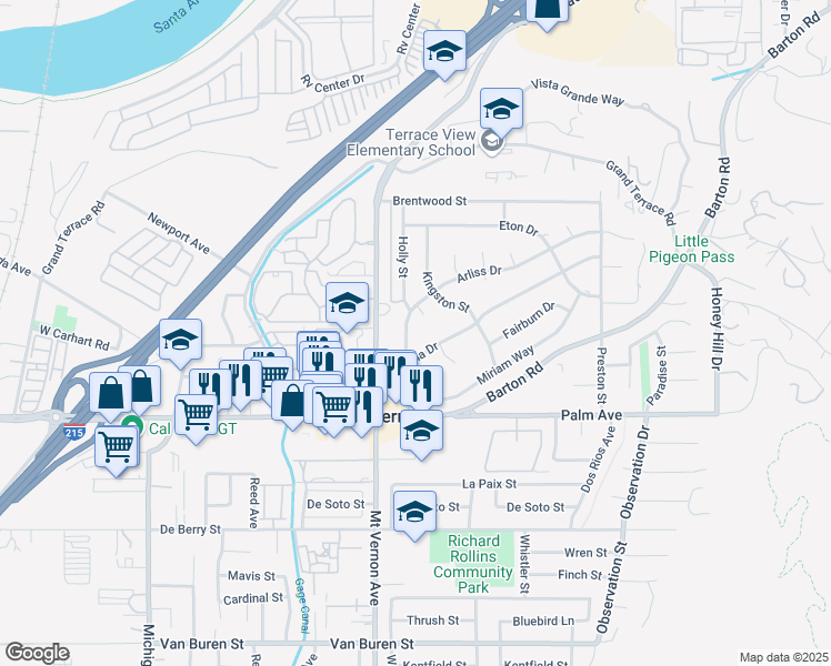 map of restaurants, bars, coffee shops, grocery stores, and more near 11959 Arliss Drive in Grand Terrace