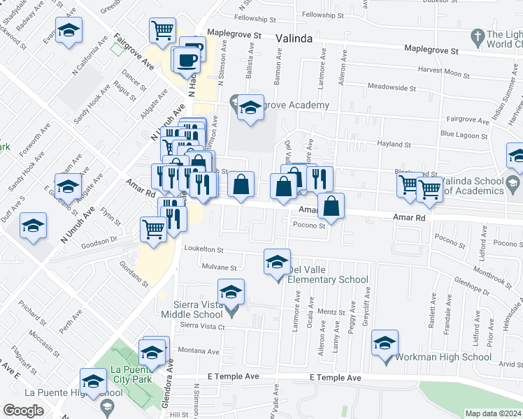 map of restaurants, bars, coffee shops, grocery stores, and more near 15616 Amar Road in La Puente