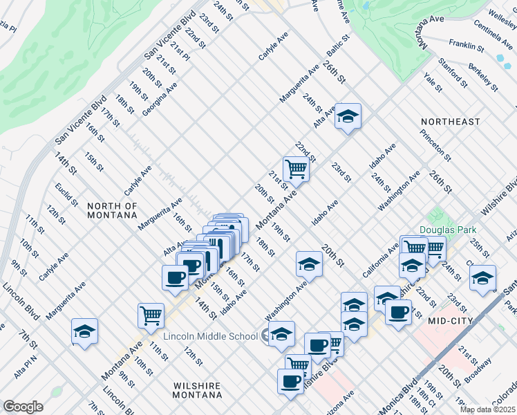 map of restaurants, bars, coffee shops, grocery stores, and more near 733 19th Street in Santa Monica