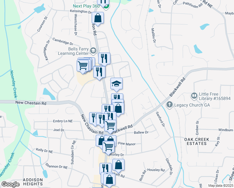 map of restaurants, bars, coffee shops, grocery stores, and more near 3470 Canton Road in Marietta