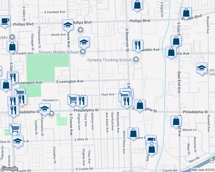 map of restaurants, bars, coffee shops, grocery stores, and more near 1017 Airshire Lane in Pomona