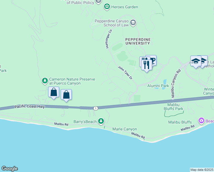map of restaurants, bars, coffee shops, grocery stores, and more near 24656 Blue Dane Lane in Malibu