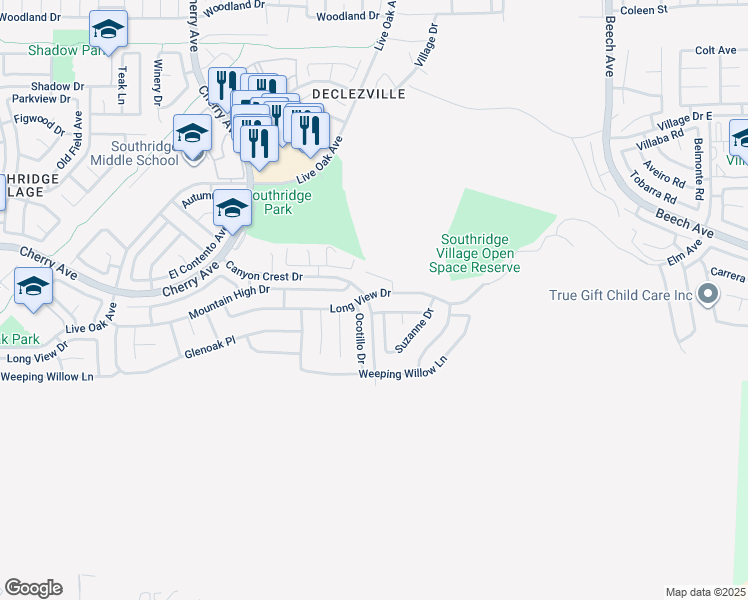 map of restaurants, bars, coffee shops, grocery stores, and more near 14855 Long View Drive in Fontana