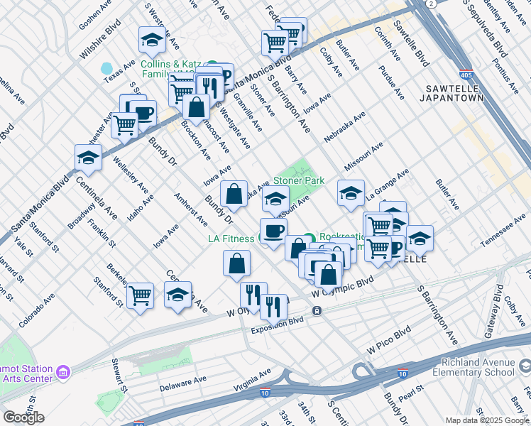map of restaurants, bars, coffee shops, grocery stores, and more near 1838 Brockton Avenue in Los Angeles