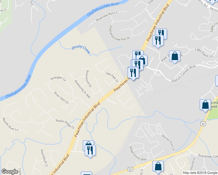 map of restaurants, bars, coffee shops, grocery stores, and more near 1590 Ascot Court Northwest in Suwanee