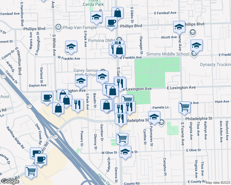 map of restaurants, bars, coffee shops, grocery stores, and more near in Pomona