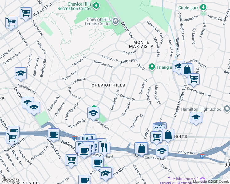 map of restaurants, bars, coffee shops, grocery stores, and more near 10265 Cheviot Drive in Los Angeles