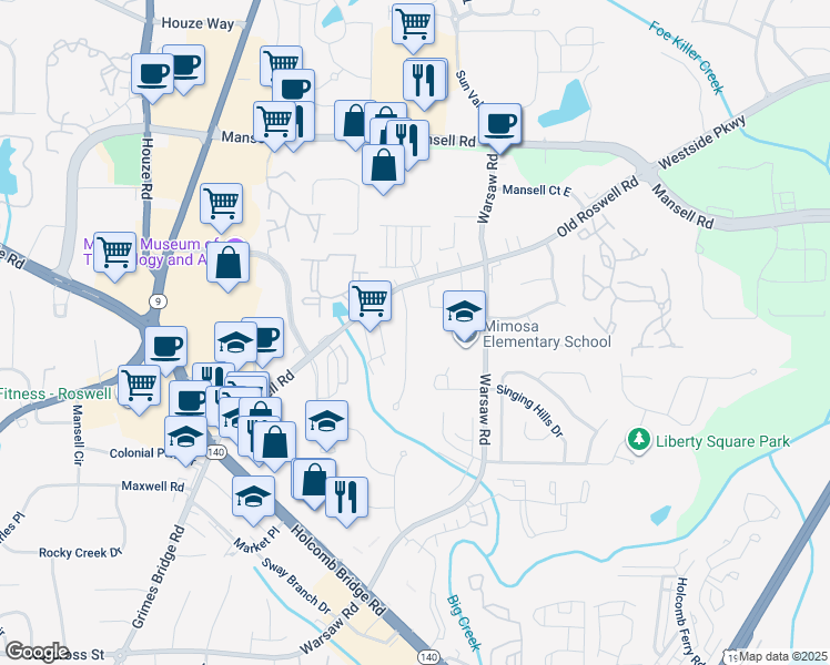 map of restaurants, bars, coffee shops, grocery stores, and more near 1090 Old Forge Drive in Roswell