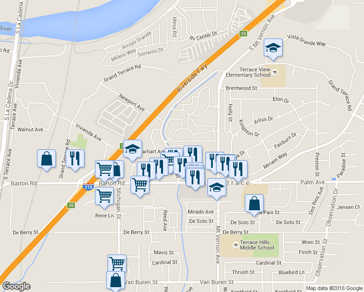 map of restaurants, bars, coffee shops, grocery stores, and more near 22436 Canal Circle in Grand Terrace
