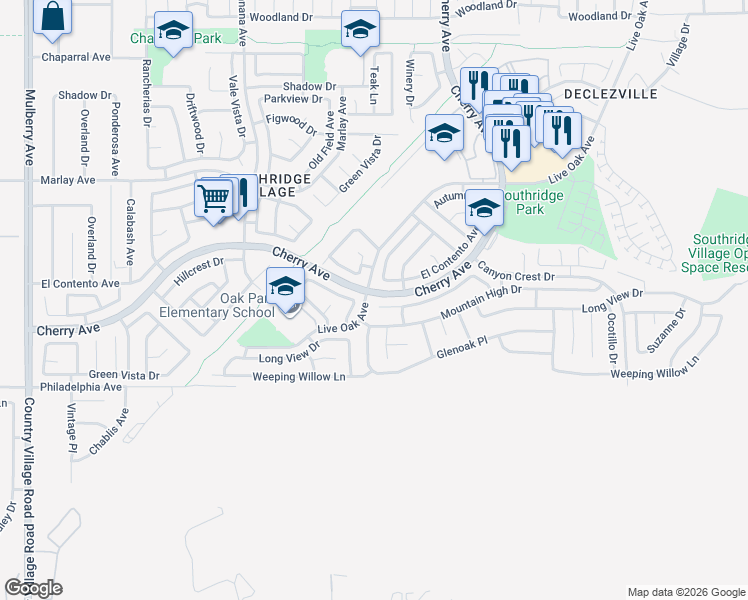 map of restaurants, bars, coffee shops, grocery stores, and more near 14352 Hillcrest Drive in Fontana