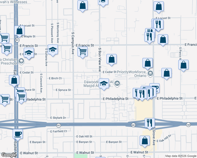 map of restaurants, bars, coffee shops, grocery stores, and more near 2048 South Bon View Avenue in Ontario