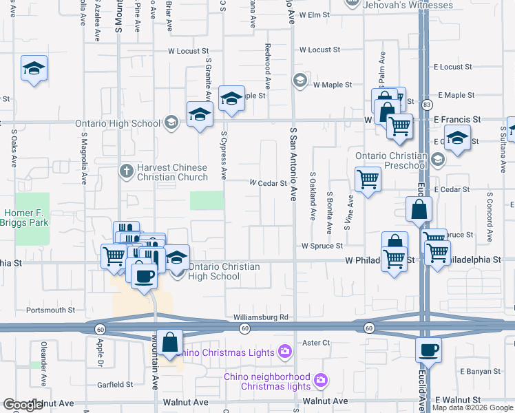 map of restaurants, bars, coffee shops, grocery stores, and more near 708 West Laroda Court in Ontario