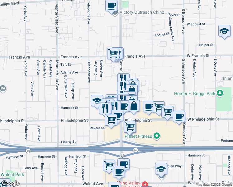 map of restaurants, bars, coffee shops, grocery stores, and more near 11980 Central Avenue in Chino